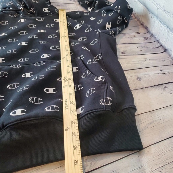 Champion Reverse Weave Hoodie Men's Small Black All Over Logo Side Stretch Flaw - Picture 12 of 14
